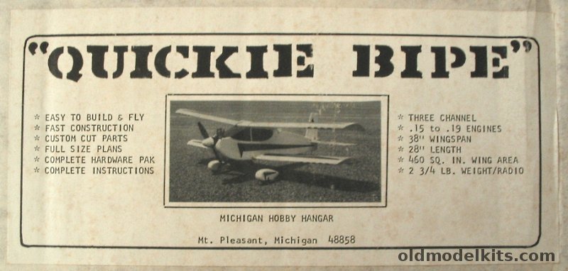 Michigan Hobby Hanger Quickie Bipe - 38 inch Wingspan RC Airplane plastic model kit